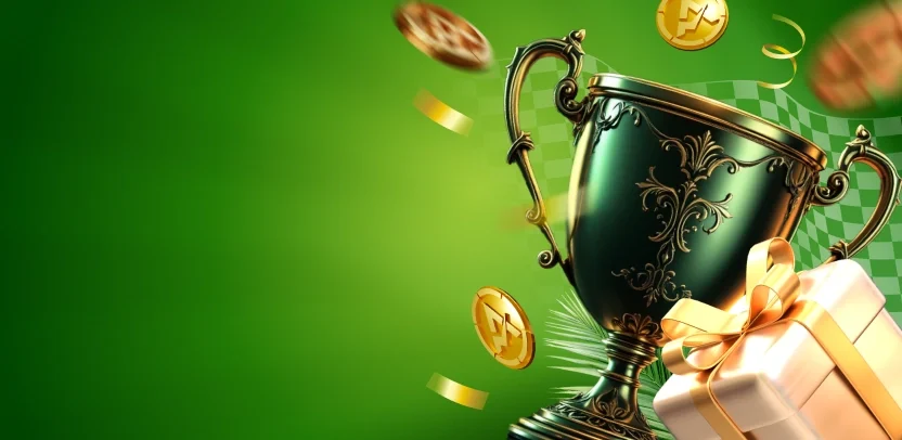 Banner de Spinarium: trofeo y monedas sobre fondo verde